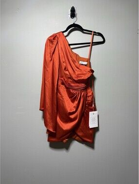 Mac Duggal Satin One Shoulder Draped Sleeve Mini Dress Orange NWT